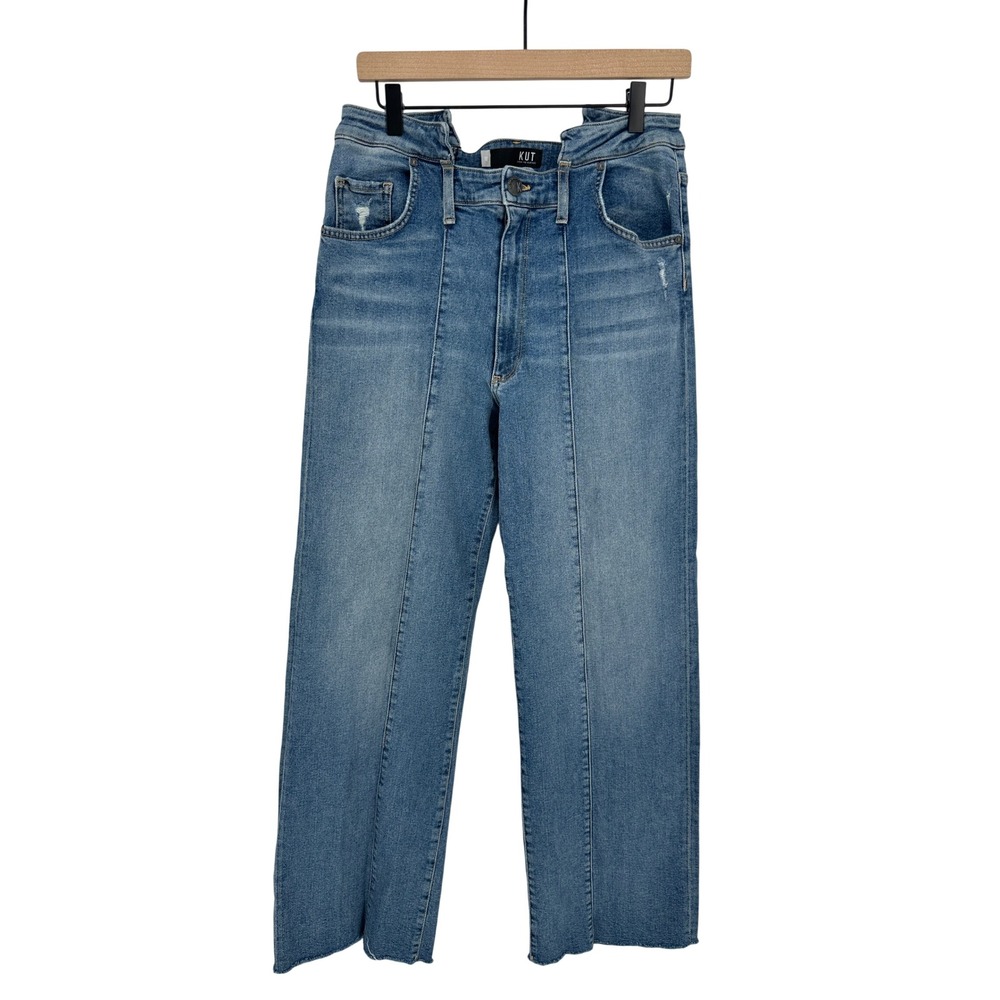 KUT From The Kloth Jeans Womens 10 Blue Sienna Wide Leg High Rise Raw Hem Seam